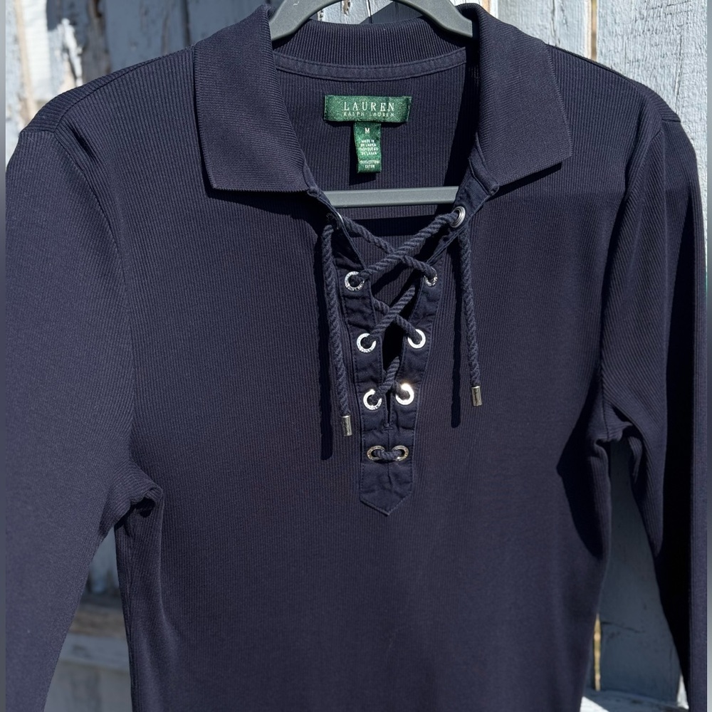 Lauren Ralph Lauren Navy Lace-Up Top Medium Women’s Shirt Ribbed Texture Coastal